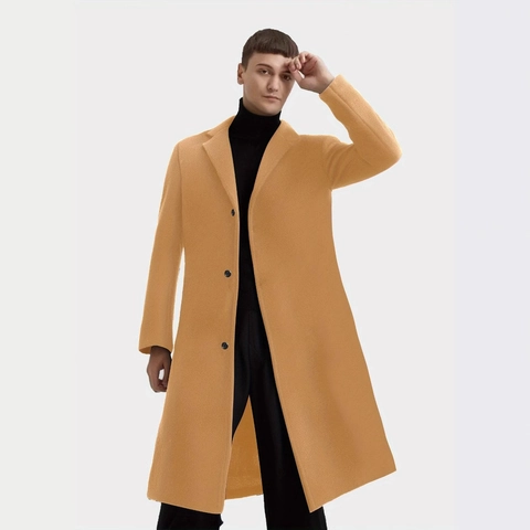 Men's Slim Fit Woolen Overcoat Single Breasted Notch Lapel Business Casual Long Trench Coat Polyester Winter Outerwear