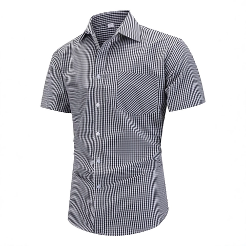 Camicia a Quadri da Uomo a Maniche Corte in Misto Poliestere e Rayon Motivo Gingham con Bottoni Vestibilità Regolare Casual