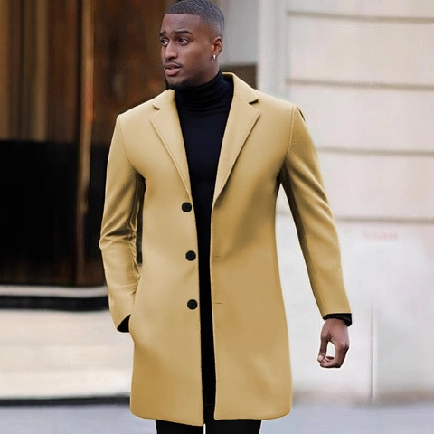 Abrigo de Hombre Con Solapa Botonadura Sencilla Largo Medio Negocios Casual Corte Ajustado Estilo Lana Color Sólido Otoño Invierno