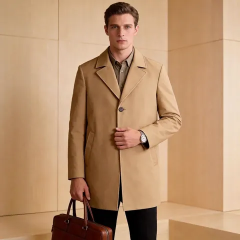Men Business Casual Mid Length Trench Coat Single Breasted Notched Lapel Solid Color Polyester Windbreaker For Men Outerwear