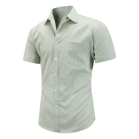 Camicia da Uomo Casual a Maniche Corte a Righe Misto Poliestere Viscosa Colletto Rovesciato Top Abbottonato Con Tasca sul Petto