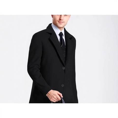 Men Business Casual Mid-Length Polyester Trench Coat Mercerized Solid Color Single Breasted Slim Fit Lapel Windbreaker Jacket