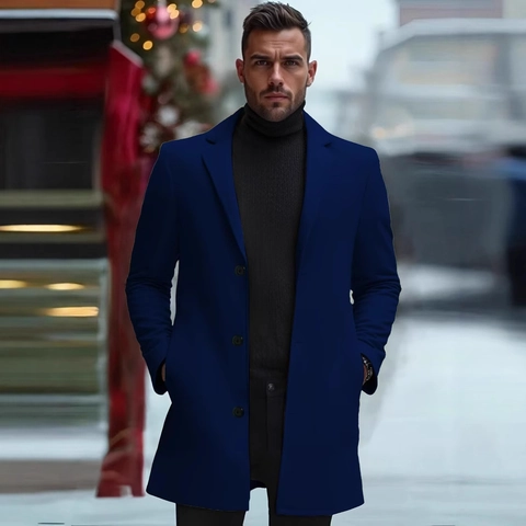 Men's Classic Mid-Length Polyester Overcoat Slim Fit Single-Breasted Lapel Trench Coat Winter Warm Business Casual Outerwear Jacket