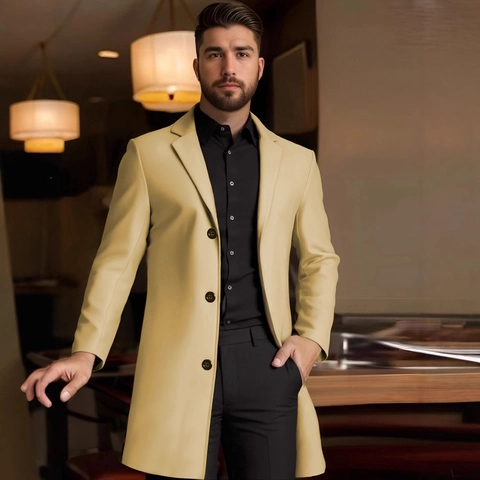 Cappotto da Uomo Lunghezza Media in Poliestere Resistente con Revers a Dente Monopetto Business Casual Calda Giacca Autunno Inverno per Uomo