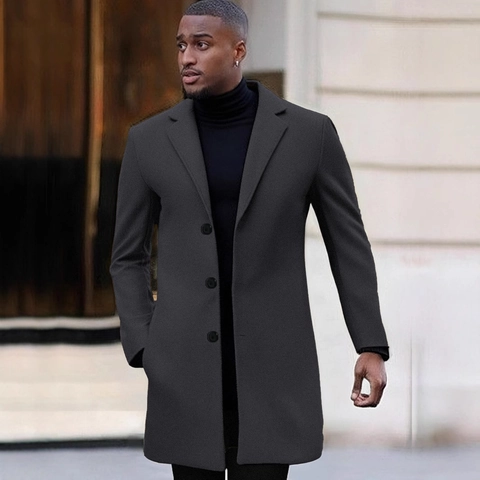 Abrigo de Hombre Con Solapa Botonadura Sencilla Largo Medio Negocios Casual Corte Ajustado Estilo Lana Color Sólido Otoño Invierno