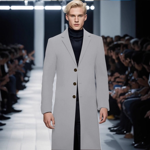 Men Slim Fit Extra Long Woolen Coat Business Casual Notched Lapel Single Breasted Warm Overcoat Solid Color Winter Jacket