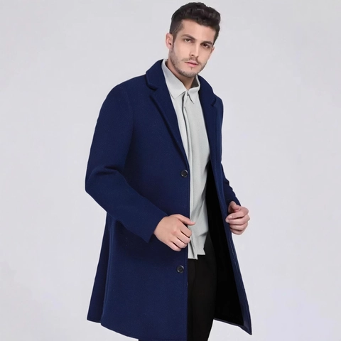 Men Mid Length Woolen Look Overcoat Notch Lapel Single Breasted Slim Fit Business Casual Trench Coat Solid Color Outerwear