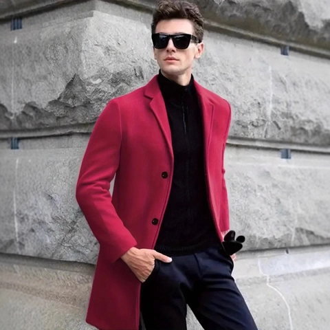 Men Mid Length Woolen Trench Coat Polyester Windbreaker Notch Lapel Single Breasted Overcoat For Business Casual Winter