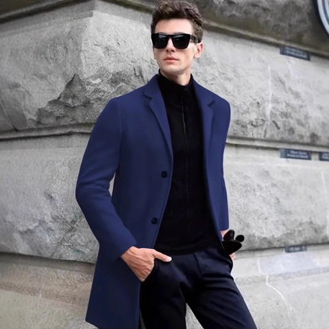 Men Mid Length Woolen Trench Coat Polyester Windbreaker Notch Lapel Single Breasted Overcoat For Business Casual Winter