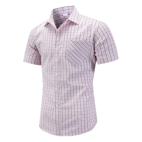 Men Business Casual Short Sleeve Shirt Plaid Stripe Patch Pocket Lapel Button Down Woven Tops Polyester Rayon Blend Fabric