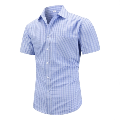 Herren Kurzarmhemd Karomuster Gestreift Polyester Viskose Mischung Knopfleiste Casual Business Top Mit Tasche Sommer US Größe