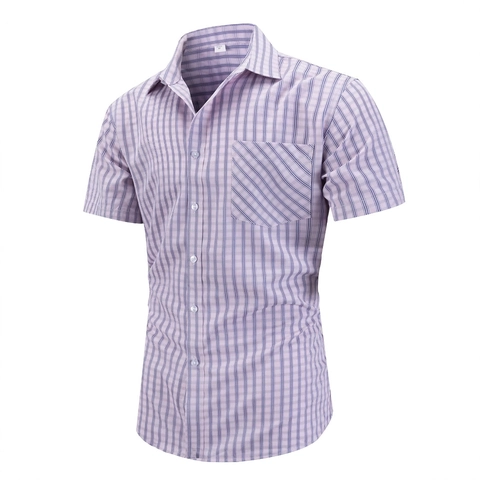 Herren Business Casual Kariertes Kurzarmhemd Klassische Passform Geknöpft Polyester-Viskose-Mischung Sommertop Brusttasche