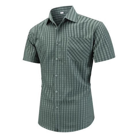 Herren Kurzarmhemd Karomuster Gestreift Polyester Viskose Mischung Knopfleiste Casual Business Top Mit Tasche Sommer US Größe