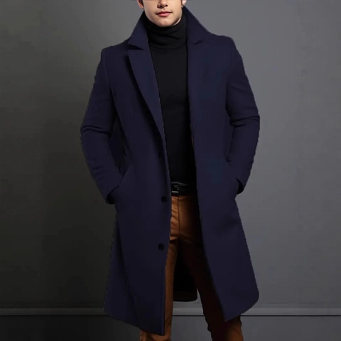 Men's Long Woolen Overcoat Slim Fit Single Breasted Notched Lapel Windbreaker Winter Warm Business Casual Trench Coat