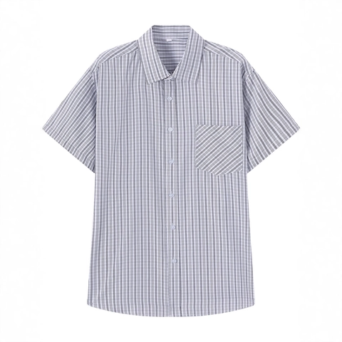 Men Business Casual Short Sleeve Shirt Polyester Rayon Blend Fine Striped Pocket Top Breathable Office Work Button Down Shirt