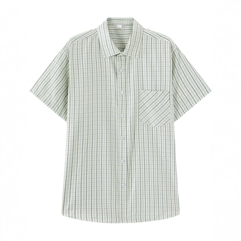 Men Business Casual Short Sleeve Shirt Polyester Rayon Blend Fine Striped Pocket Top Breathable Office Work Button Down Shirt