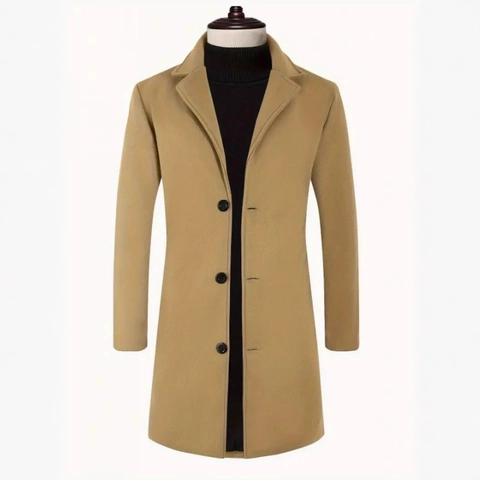 Ανδρικό Μάλλινο Πανωφόρι Μεσαίου Μήκους Slim Fit Casual Business Trench Μονόχρωμο Μονόπετο Πέτο Αντιανεμικό Μπουφάν