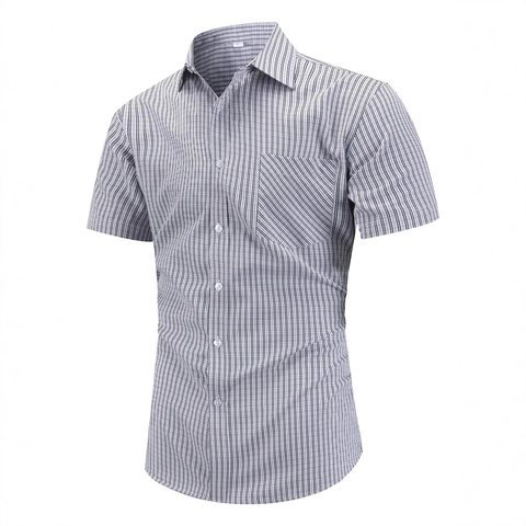 Herren Kurzarm Hemd Polyester Rayon Mischung Gitter Gestreift Reverskragen Knopfleiste Regular Fit Casual Top Für Männer