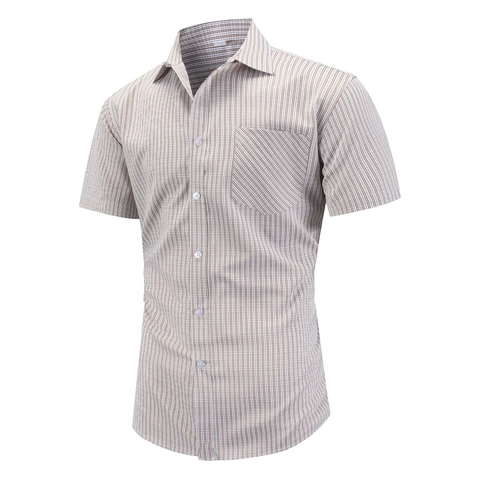 Camicia da Uomo Casual Estiva a Maniche Corte Minimalista a Quadri a Righe con Revers e Bottoni in Poliestere Traspirante