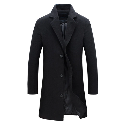 Men's Classic Wool Blend Mid-Length Trench Coat Business Casual Single Breasted Lapel Overcoat Solid Color Winter Outerwear