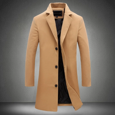 Men's Classic Wool Blend Mid-Length Trench Coat Business Casual Single Breasted Lapel Overcoat Solid Color Winter Outerwear