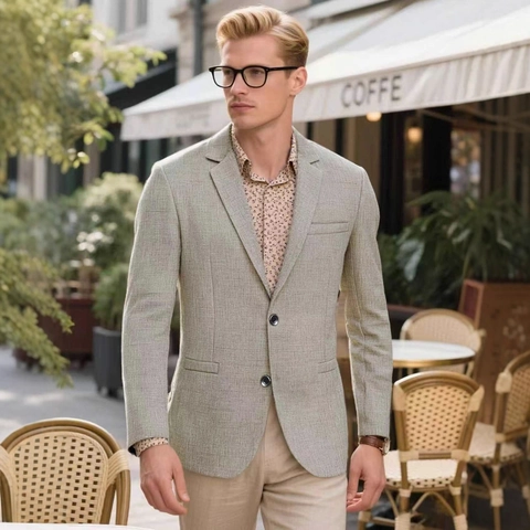Men's Casual Blazer Slim Fit Business Office Jacket Polyester Blend Linen Texture Notched Lapel Single Breasted Coat For Men