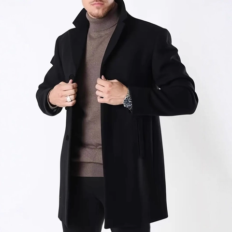 Men's Mid-Long Overcoat Slim Fit Single Breasted Trench Coat Business Casual Woolen Fabric Jacket Outerwear For Autumn Winter