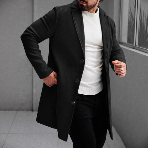 Men Woolen Overcoat Mid Length Notch Lapel Single Breasted Solid Color Trench Coat Business Casual Urban Fashion Outerwear