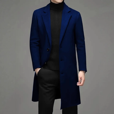 Men Mid-Length Trench Coat Wool Like Polyester Overcoat Single Breasted Notched Lapel Slim Fit Business Casual Outerwear