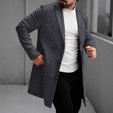 Men Woolen Overcoat Mid Length Notch Lapel Single Breasted Solid Color Trench Coat Business Casual Urban Fashion Outerwear