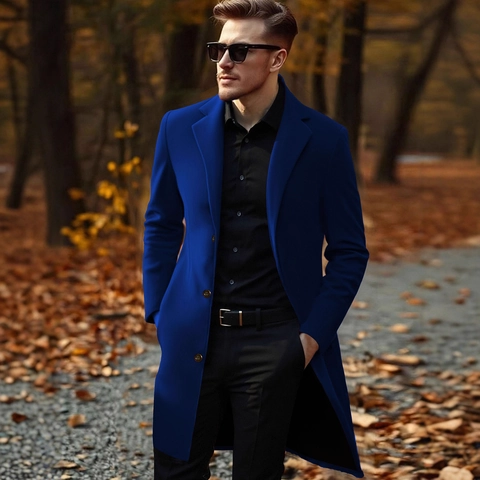 Men Business Casual Mid-Length Trench Coat Single-Breasted Notch Lapel Solid Color Polyester Windbreaker For Autumn Winter