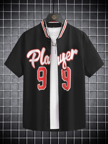 Camicia da Uomo in Stile Baseball Poliestere Stampa Player 99 Manica Corta Scollo a V Streetwear Sportivo Casual Estate