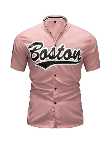 Camisa de Béisbol para Hombre Manga Corta Poliéster Estampado Boston Cuello a Rayas Botones Top Deportivo Casual Estilo Retro