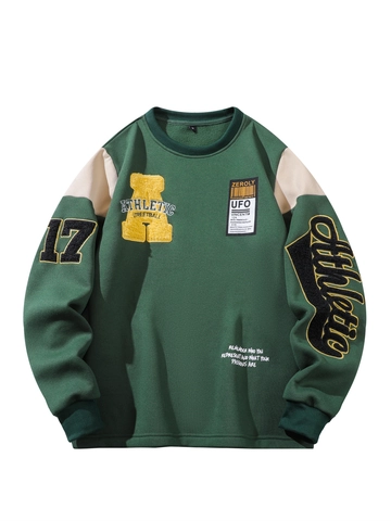 Sweatshirt Homme Rétro Américain Col Rond Broderie Lettre Chenille Patchwork Pullover Vintage Athletic Streetwear Sportif Décontracté Top