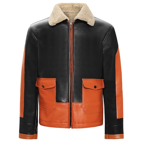 Chaqueta de Cuero Sintético de Invierno para Hombre Casual Bloques de Color Abrigo Biker Con Forro de Felpa Sintética