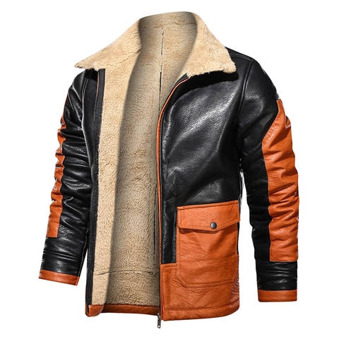 Chaqueta de Cuero PU para Hombre con Bloques de Color Cuello de Lana de Cordero Cálida Cortavientos Abrigo Bomber Casual