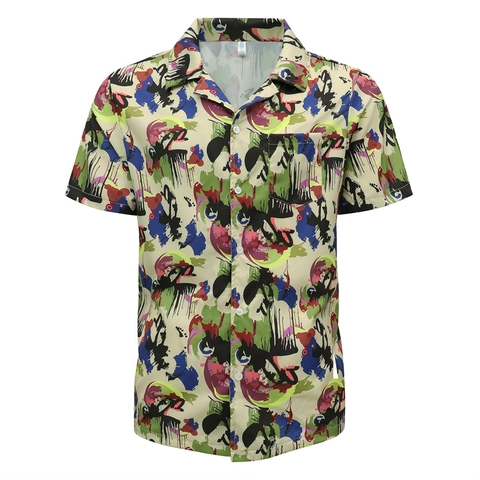 Men Artistic Abstract Graffiti Short Sleeve Shirt Cuban Collar Beach Vacation Loose Fit Print Pocket Polyester Blend Top