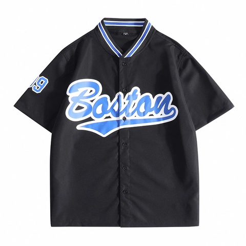 Herren Kurzarm Baseball Hemd Vintage Boston Buchstaben Druck Knopfleiste Gestreifter V-Ausschnitt Lässig Locker Sommer Atmungsaktiv Top