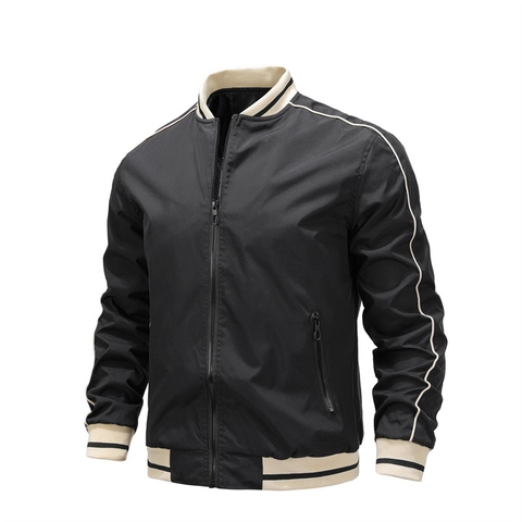 Heren Casual Varsity Bomberjack Lichtgewicht Polyester Windjack Met Geribbelde Bies Ritszakken Sportieve Bovenkleding