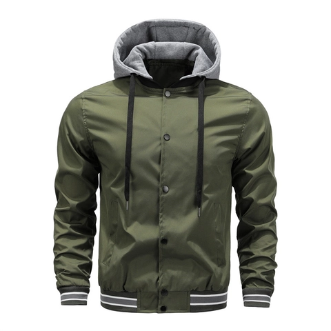 Veste Bomber Décontractée pour Hommes Polyester Capuche Contrastée Coupe-vent Vêtement de Sport Poignets Nervurés Rayés