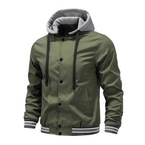 Veste Bomber Décontractée pour Hommes Polyester Capuche Contrastée Coupe-vent Vêtement de Sport Poignets Nervurés Rayés