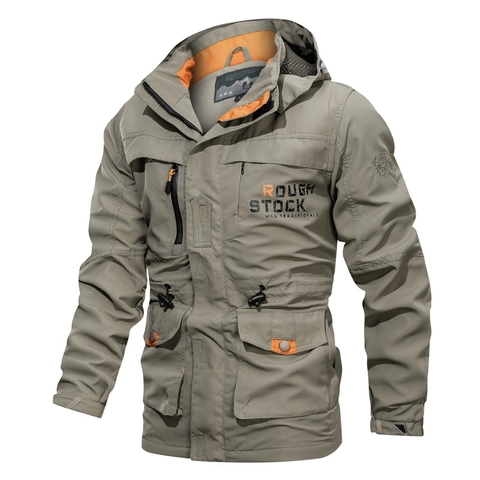 Outdoor Men Hooded Tactical Jacket Windproof Polyester Casual Multi Pocket Coat For Spring Autumn Male Workwear Outerwear