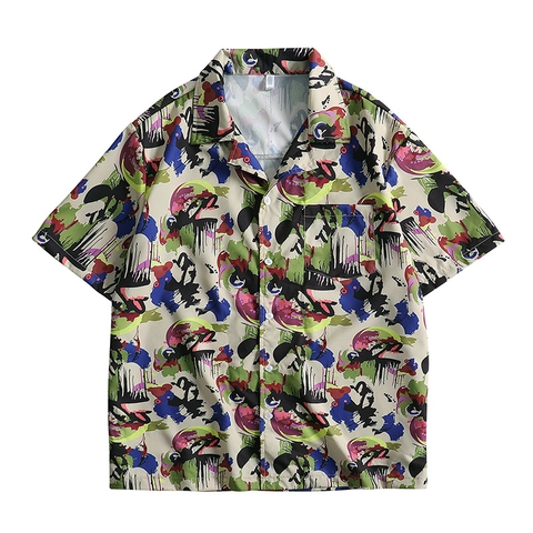 Heren Casual Shirt Met Korte Mouwen Polyester Spandex Losse Pasvorm Abstracte Graffiti Print Revers Streetwear Zomer Strand Top
