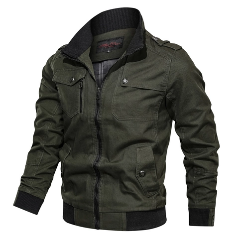 Giacca da Uomo Casual in Cotone Lavato Workwear Collo in Piedi Antivento Stile Militare Polsini a Costine Multi Tasche Cappotto