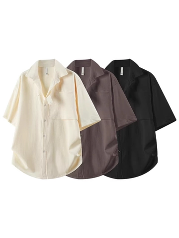 Camisa Casual de Manga Corta para Hombre de Tejido Texturizado Mezcla de Poliéster Ajuste Holgado con Solapa para el Verano
