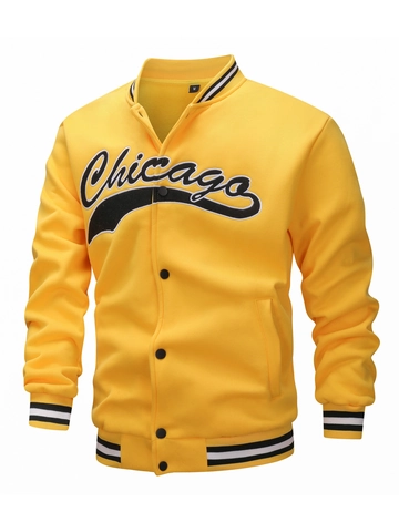 Men Varsity Jacket Chicago Embroidered Baseball Coat Casual Polyester Blend Striped Ribbed Outerwear Sport Collegiate Style