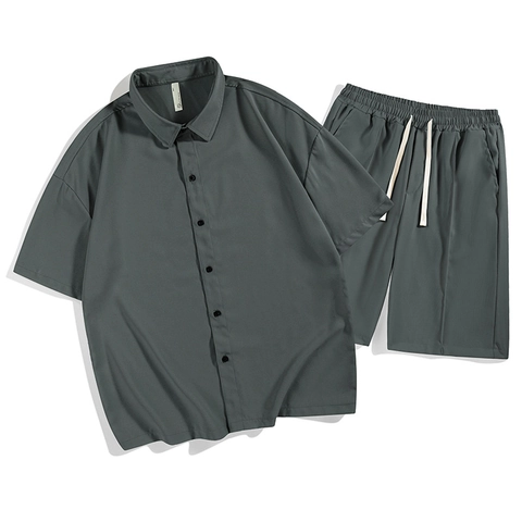 Ensemble de Costume Décontracté Hommes Chemise à Manches Courtes Et Short Tenue d'Été Satin de Glace Respirante Coupe Large