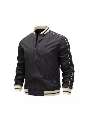 Men Sport Bomber Jacket Polyester Windproof Casual Coat With Striped Ribbed Trim And Contrast Piping Lightweight Outerwear