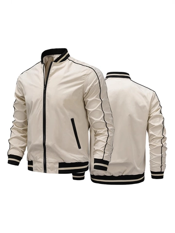 Men Sport Bomber Jacket Polyester Windproof Casual Coat With Striped Ribbed Trim And Contrast Piping Lightweight Outerwear