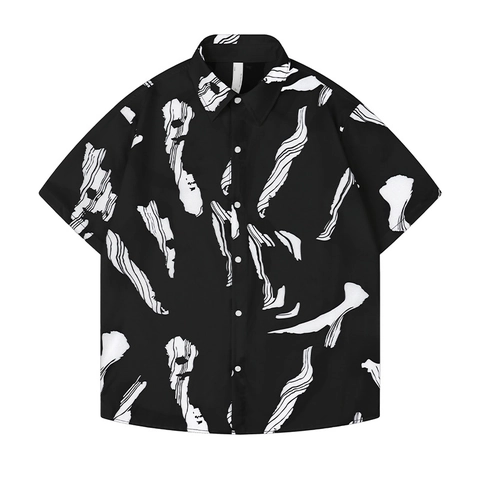 Men's Casual Short Sleeve Shirt Polyester Abstract Ink Print Lapel Button Down Hawaii Style Loose Fit Summer Top For Youth